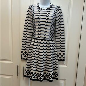 Eliza J Black, Blue, and White Long Sleeve A-Line Sweater Dress